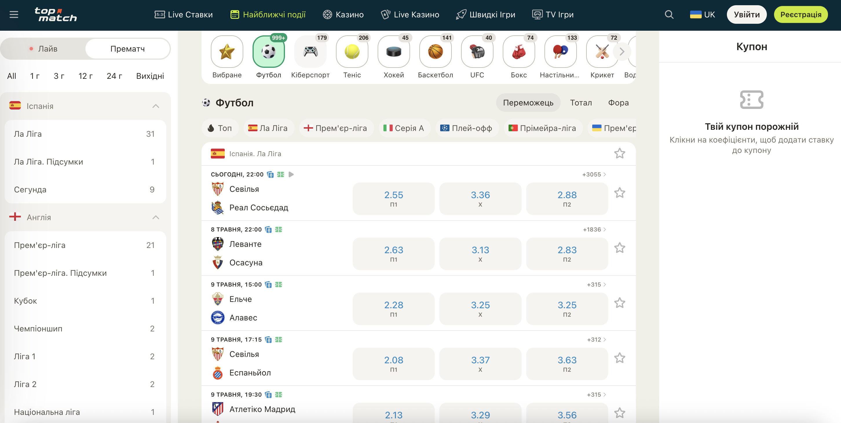 Интерфейс ставок на спорт TopMatch